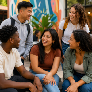 A diverse group of young adults interacting naturally in a community setting