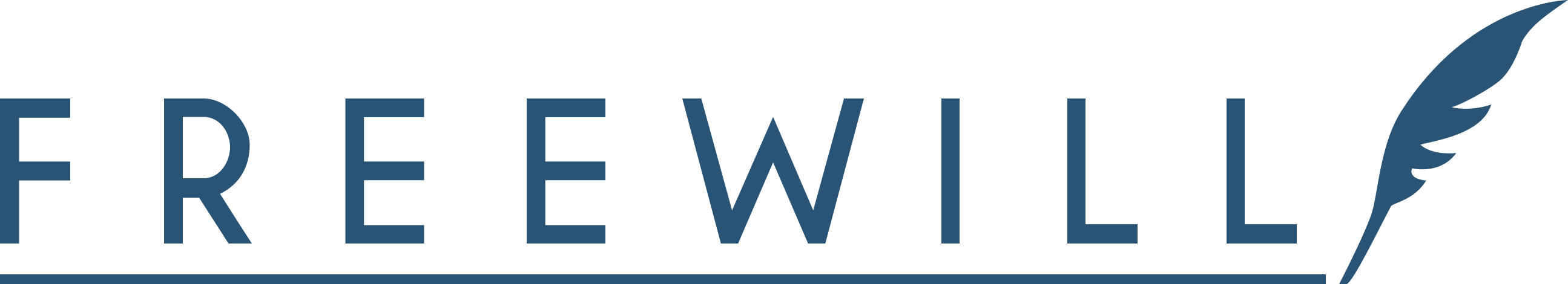 The image displays the word FREEWILL in blue capital letters on a black background, with a quill pen design extending from the last letter.