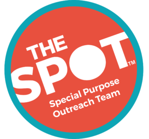 A circular logo with a teal outline and red center featuring bold white text THE SPOT and below, Special Purpose Outreach Team, all in uppercase.