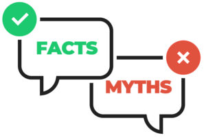 Speech bubbles with FACTS in green with a checkmark and MYTHS in red with an X. Emphasizes discerning truth from misinformation.