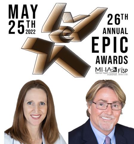 Two people in professional attire are pictured below a logo depicting the 26th Annual Epic Awards.