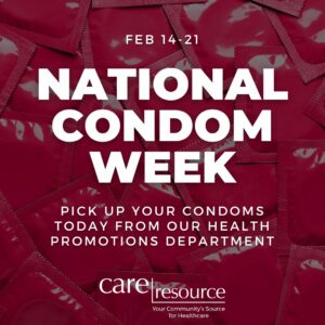 Red background with overlapping condom packets. Text reads: 