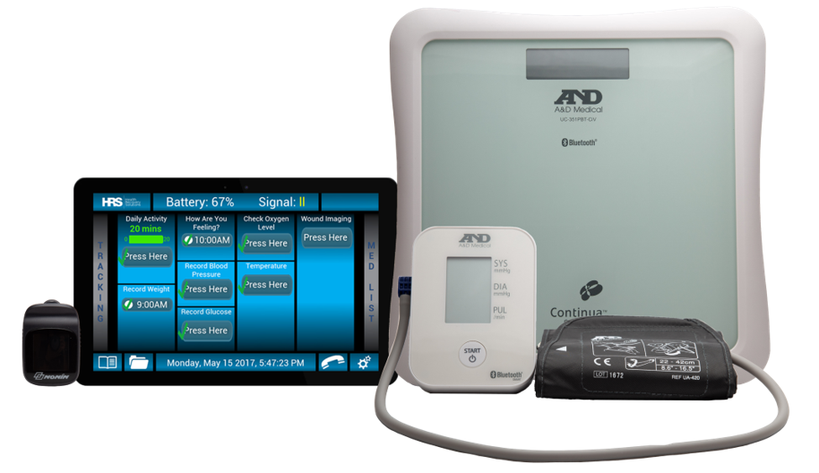 A home medical kit with connected devices, including a tablet, monitor, blood pressure cuff, and smart scale, highlights the convenience of remote patient monitoring.