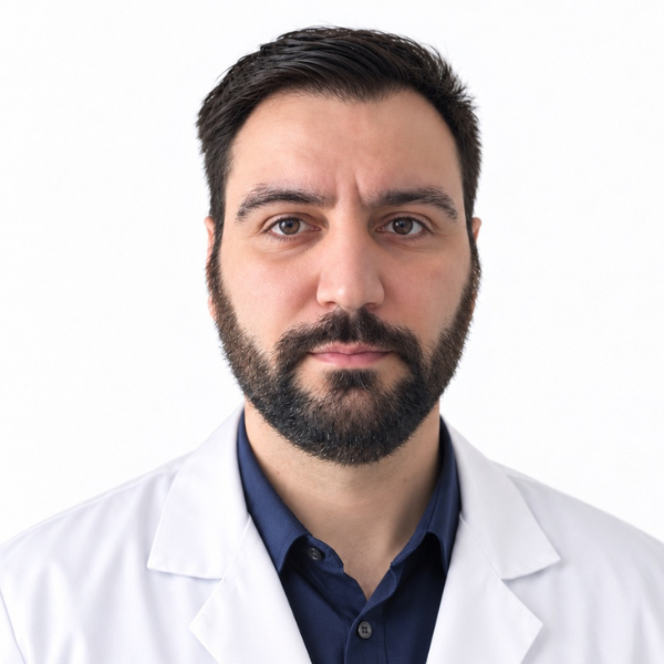 A photo of Gurgen Martirosyan, Pharm. D. Pharmacist, a man with dark hair and a beard wearing a beige shirt and a white lab coat is looking slightly to the side. The background is plain white.