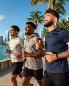 Men's Health Month group of adults jogging along a waterfront path with palm trees and a city skyline in the background