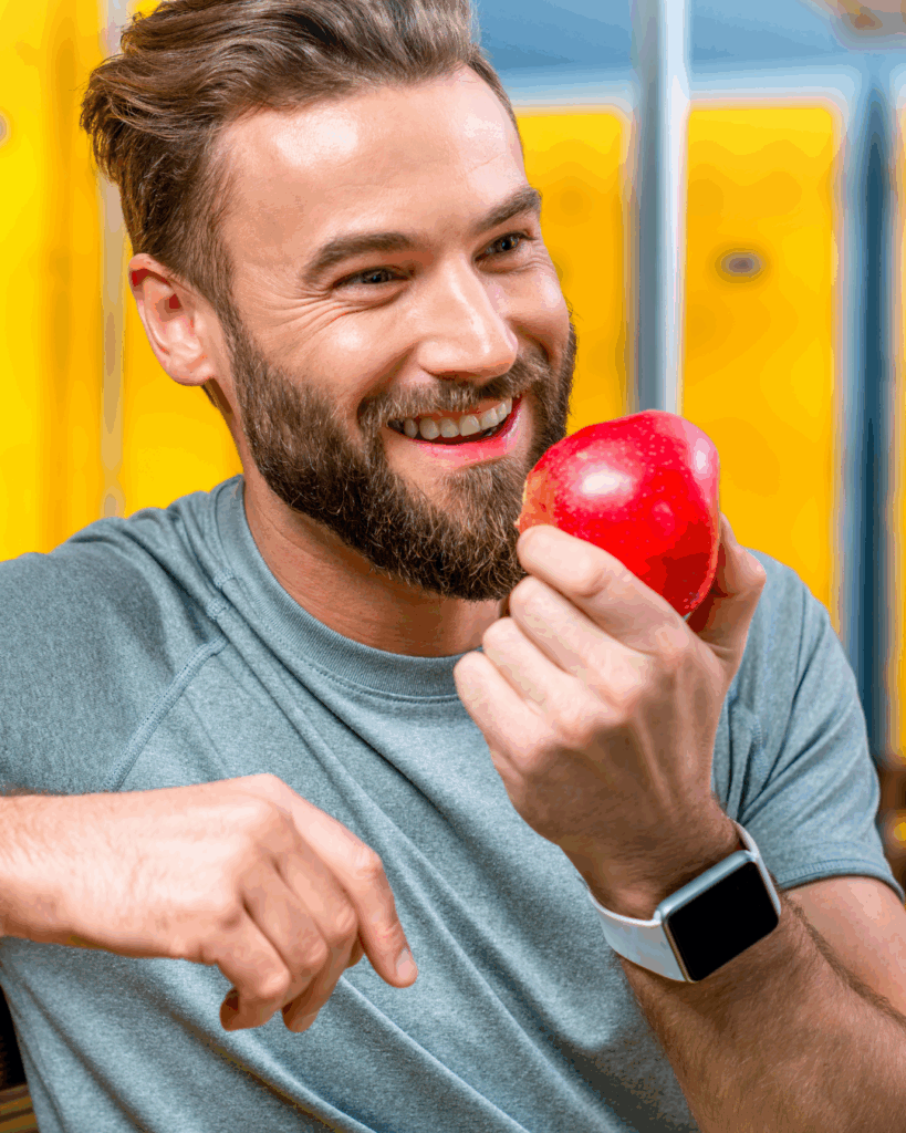 Smiling man with a beard holds a red apple in his hand. He's wearing a smartwatch and a blue shirt, standing in front of yellow lockers.