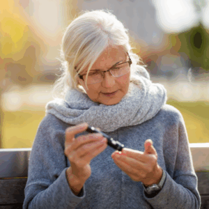 Elderly woman checks blood sugar with a glucometer on a sunny day, seated on a park bench.