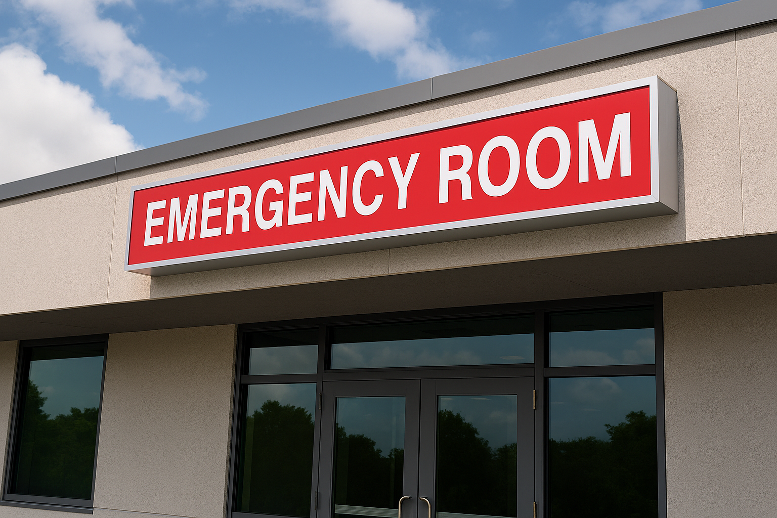 Hospital emergency room entrance with red ‘Emergency Room’ sign, representing emergency room visits and the importance of choosing the right level of care.