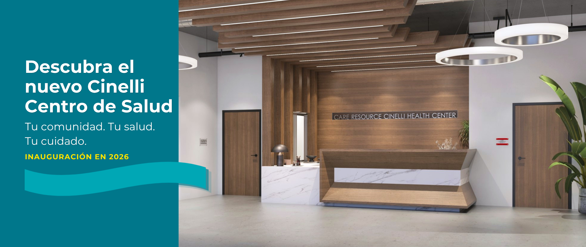 Un moderno vestíbulo de centro de salud con detalles en madera, iluminación elegante y un mostrador de recepción de mármol. El texto dice: «Descubra el nuevo Centro de Salud Cinelli. Inauguración a finales de 2026».