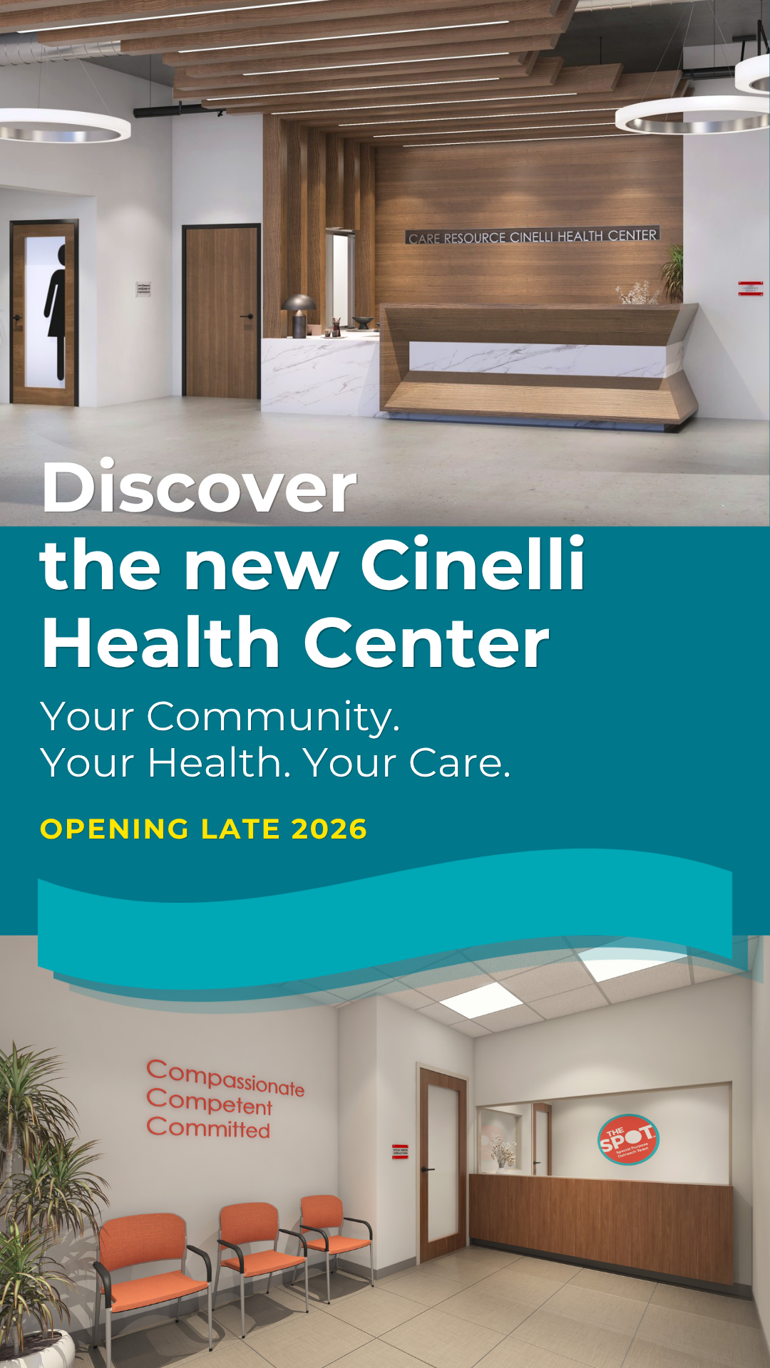 Modern health center lobby with wood details, sleek reception desk, and comfortable seating. Text reads: 'Discover the new Cinelli Health Center. Your Community. Your Health. Your Care. Opening late 2026.' Walls display motivational words and logo."