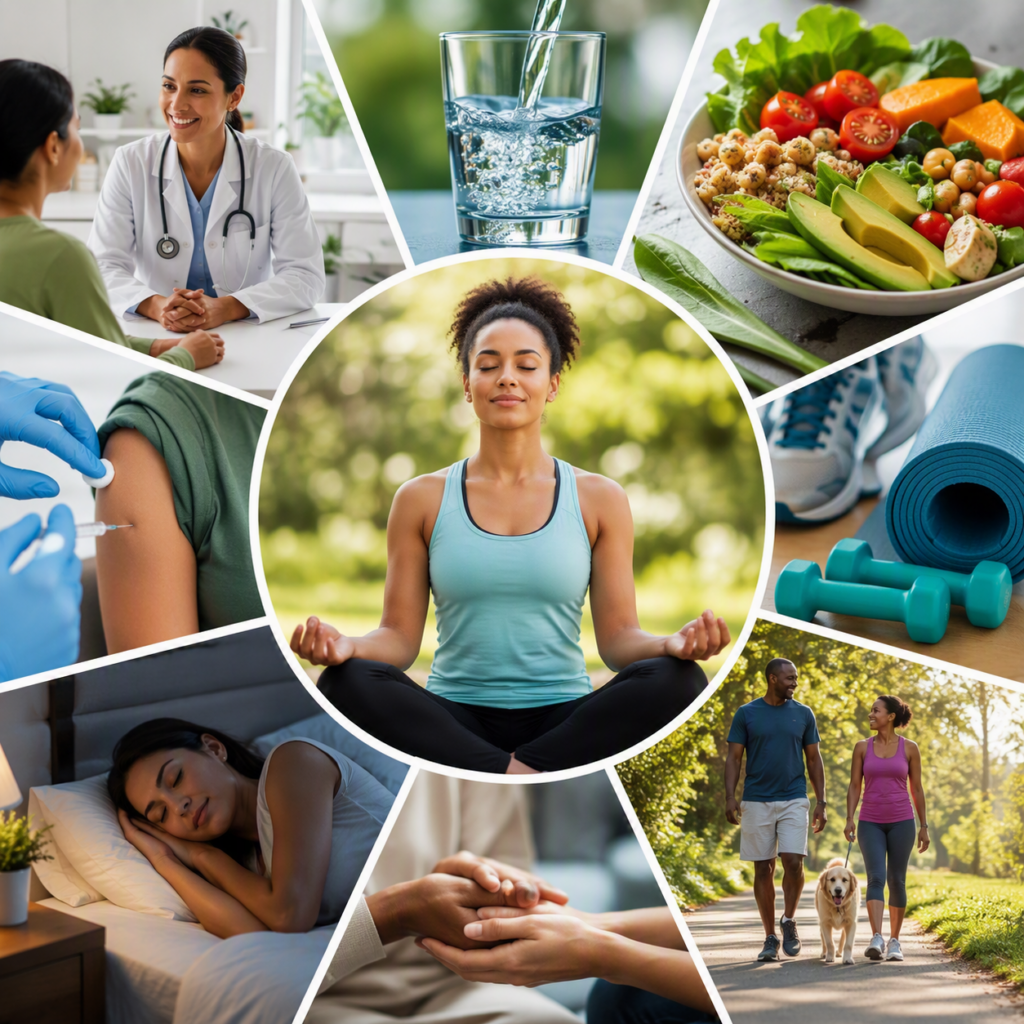 Healthy lifestyle collage featuring wellness, preventive care, exercise, nutrition, hydration, sleep, and mental well-being.