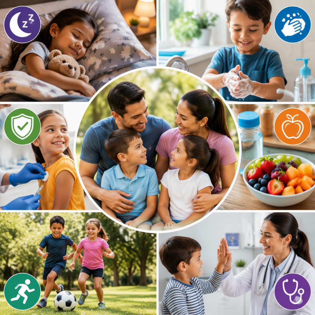 Illustration of healthy habits for children, including sleep, hygiene, nutrition, exercise, vaccinations, and preventive healthcare.