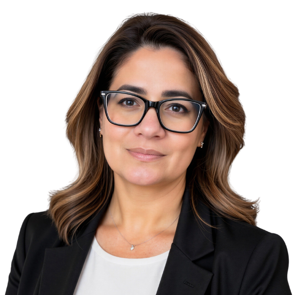 A smiling photo of Maria Torres-Martinez, COO, wearing glasses, a white blouse and black jacket.