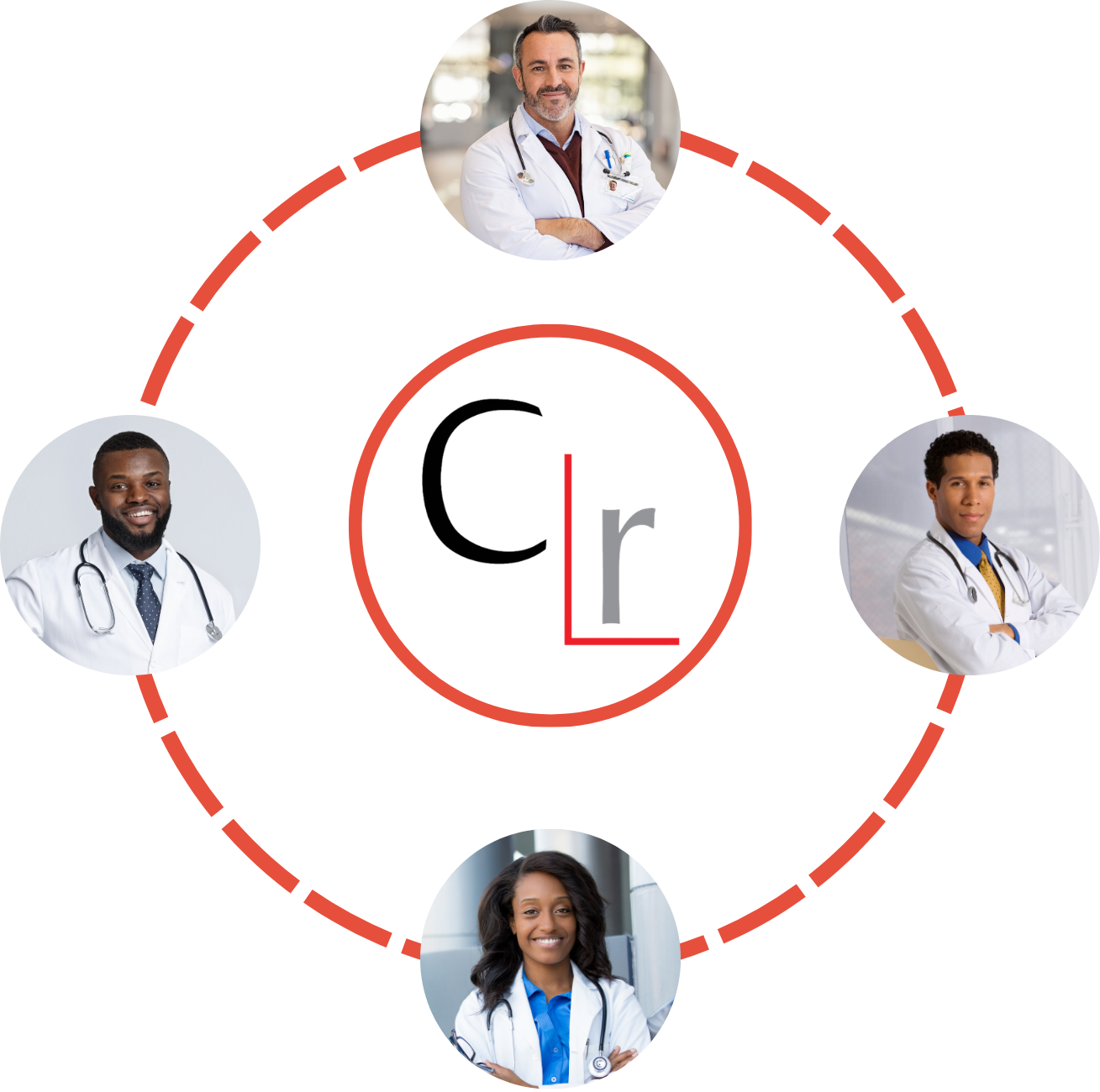 Graphic with four diverse doctors encircling a central “Cr” logo, connected by a red dashed circle; professional, collaborative healthcare theme.