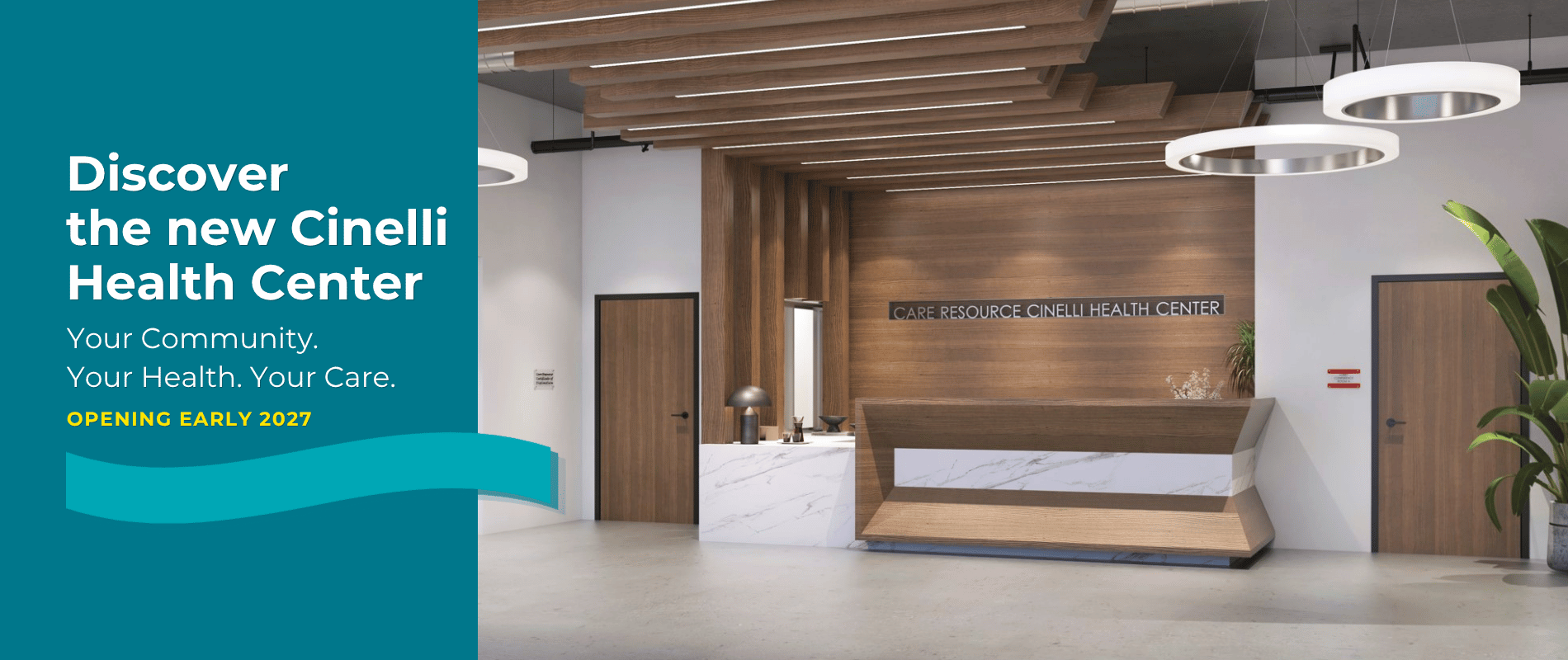 A modern health center lobby with wood accents, sleek lighting, and a marble reception desk. Text reads: "Discover the new Cinelli Health Center. Opening late 2026."