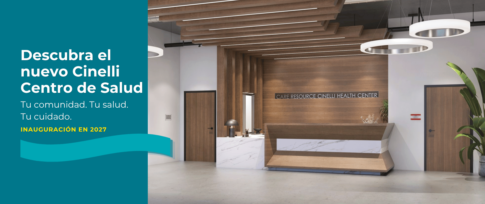 Un moderno vestíbulo de centro de salud con detalles en madera, iluminación elegante y un mostrador de recepción de mármol. El texto dice: «Descubra el nuevo Centro de Salud Cinelli. Inauguración a finales de 2026».