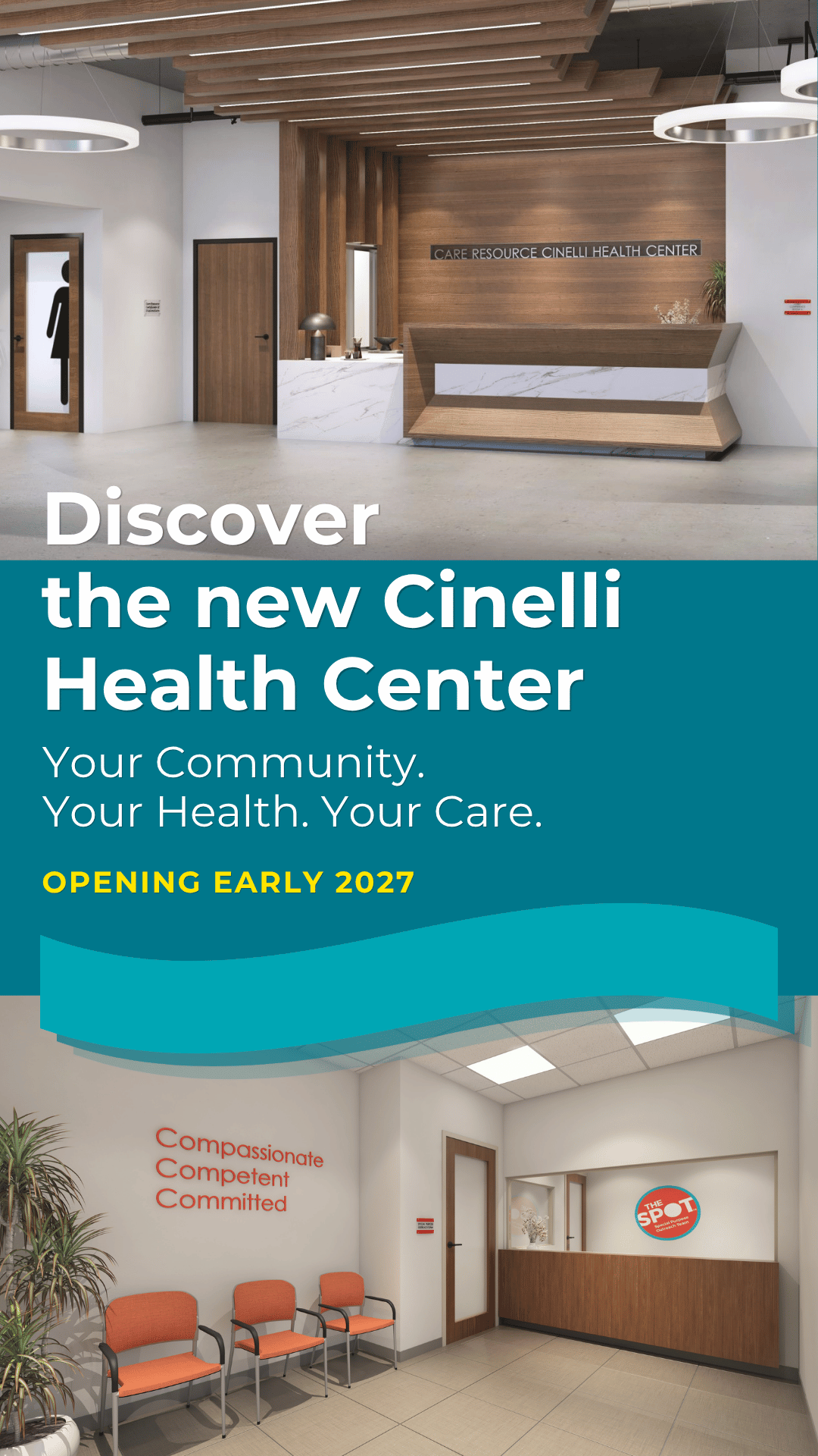 Modern health center lobby with wood details, sleek reception desk, and comfortable seating. Text reads: 'Discover the new Cinelli Health Center. Your Community. Your Health. Your Care. Opening late 2026.' Walls display motivational words and logo."