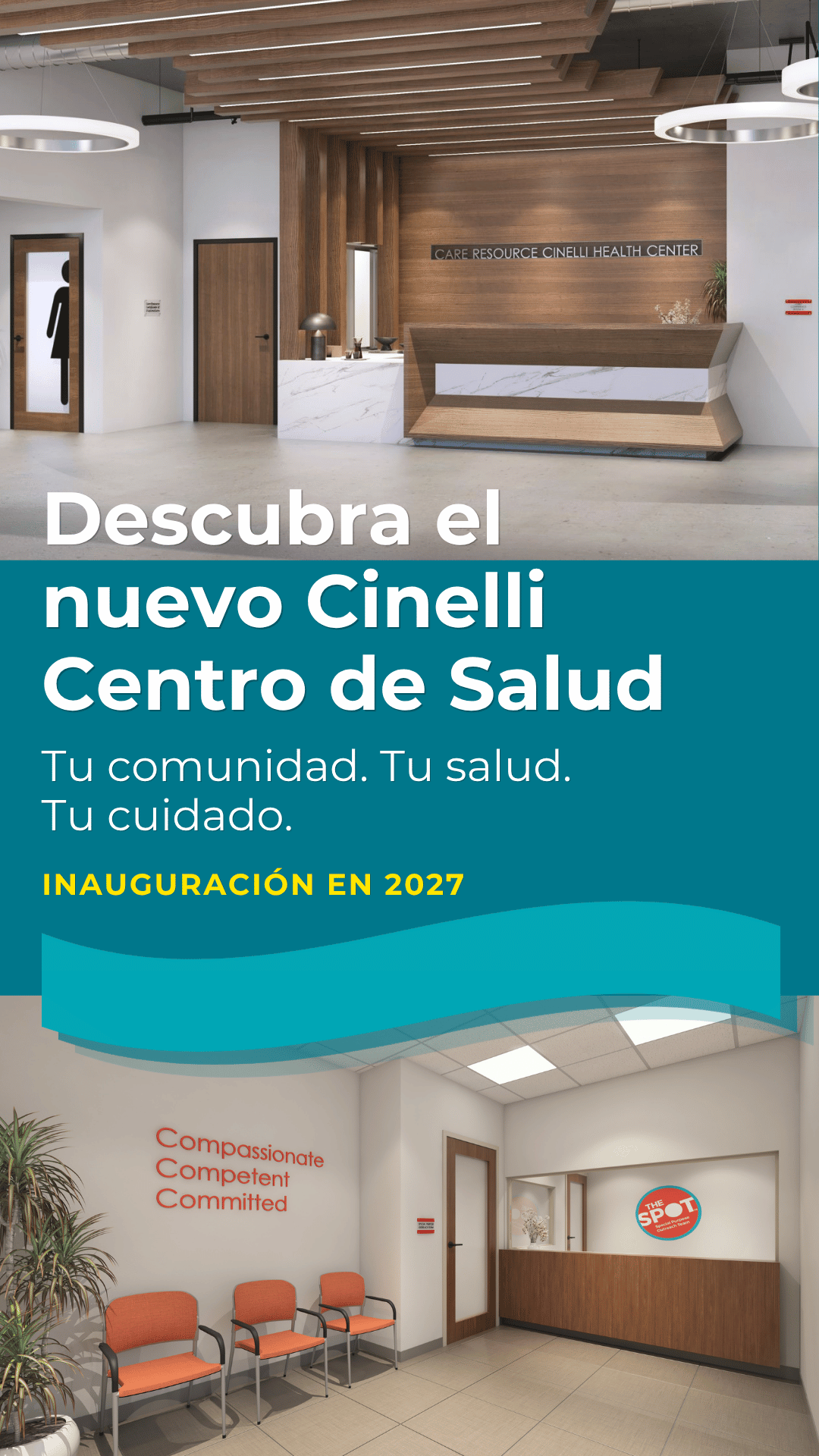 Vestíbulo moderno del centro de salud con detalles en madera, elegante mostrador de recepción y cómodos asientos. Un texto reza: «Descubra el nuevo Centro de Salud Cinelli. Su comunidad. Su salud. Su atención. Inauguración a finales de 2026». Las paredes muestran frases motivadoras y el logotipo.