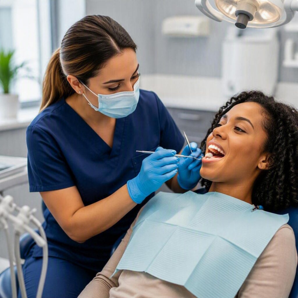 Dental professional performing a routine dental exam for a patient in a modern dental clinic.
