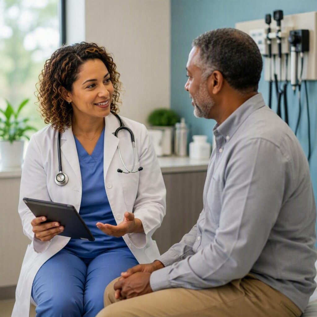 Medical provider consulting with a patient during an appointment at a community health center.