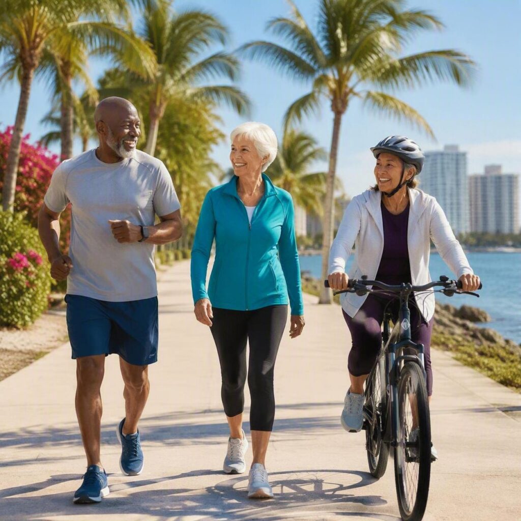 Older adults walking, jogging, and cycling on a sunny Florida waterfront path.