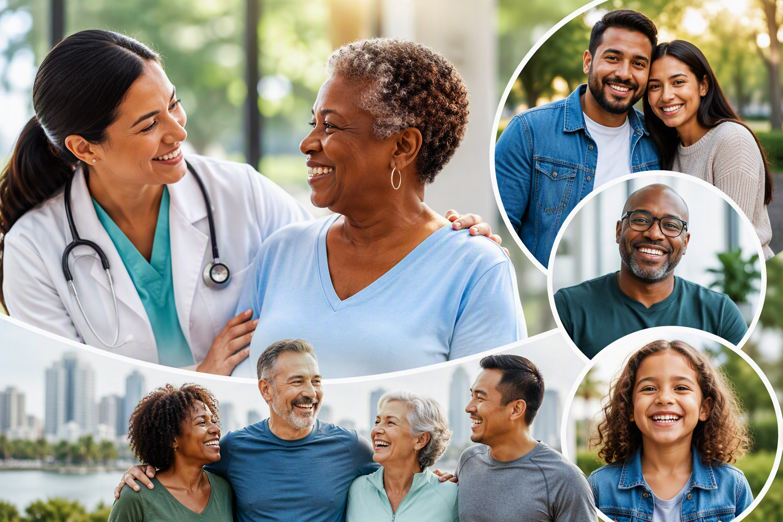 Community healthcare provider meeting with patients and families in a South Florida health center setting.