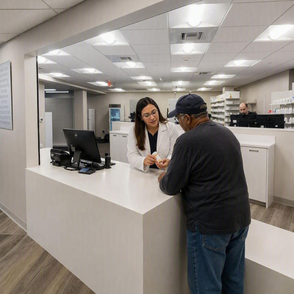 Pharmacist reviewing medication instructions with a patient in the Care Resource Pharmacy.