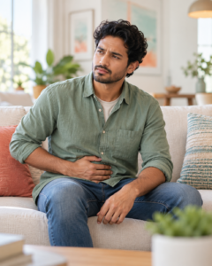 Person experiencing stomach discomfort, a common symptom of drug-resistant Shigella infection.
